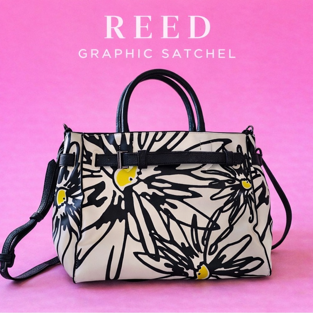 Reed Graphic Satchel - Black & White Floral with Yellow Accents